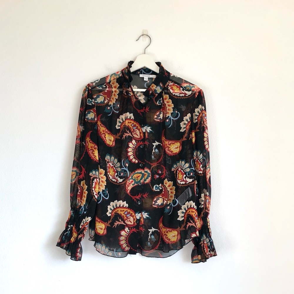 Chico’s Black Multicolor Floral Paisley Semi-Sheer Button Up Top Size 2 / Large